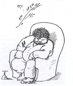 "Home again"  'William Morris sitting bored in an armchair' Caricature by Edward Burne-Jones after Morris's return from Iceland, 1873