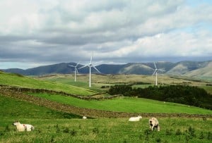 Photomontage of the three turbines from Fairthorns Road, west of the M6 motorway, looking north east, with the Howgill Fells behind. Photo and montage: Mike Hall