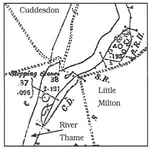 The stepping stones first appeared on this 1:2500 1898 OS map. The tiny eyot has now vanished. The footpaths (pecked double lines) converge at the crossing and are now definitive rights of way.