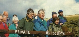 Gordon Prentice MP and Michael Meacher join ramblers on Boulsworth Hill, Lancashire, then forbidden territory, in 1997