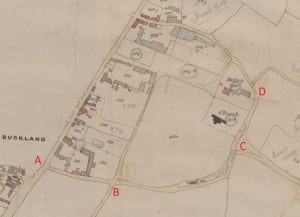 Part of the 1844 tithe map of Buckland, five miles south of Royston, Hertfordshire. Route A-B is today recorded as a footpath. B-C-D is unrecorded. Both have been applied for at restricted byway status. Credit: Karin Frapporti