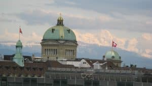 The mountains seen from the university, the Eiger is to the left of the dome, the Jungfrau to the right