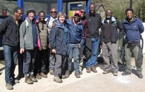 Max Ayamba's walking group, the inspiration for the Sheffield Environmental Movement, Edale station, April 2015