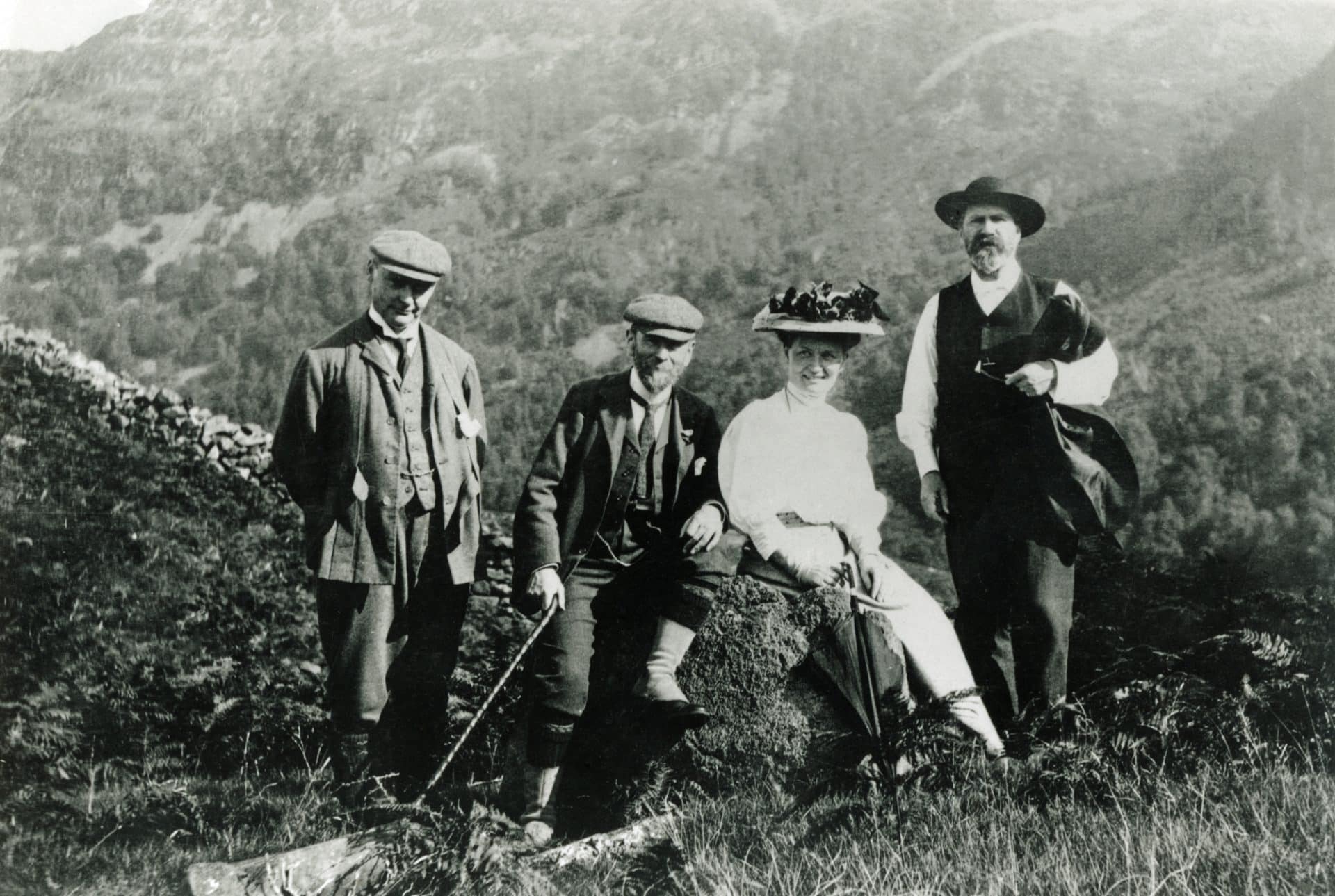 Robert-Hunter-Lake-District In the Lake District, c1900, l to r: Benny Horne (family friend and NT solicitor), Robert Hunter, his daughter Winifred and Canon Hardwick Rawnsley. Photo: National Trust Images