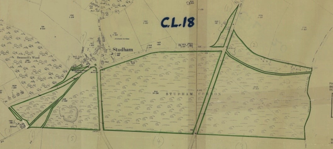 Figure 1: Bedfordshire register unit CL18 Studham: excludes all public highways across the common, including public footpaths. (copy courtesy of Natural England)