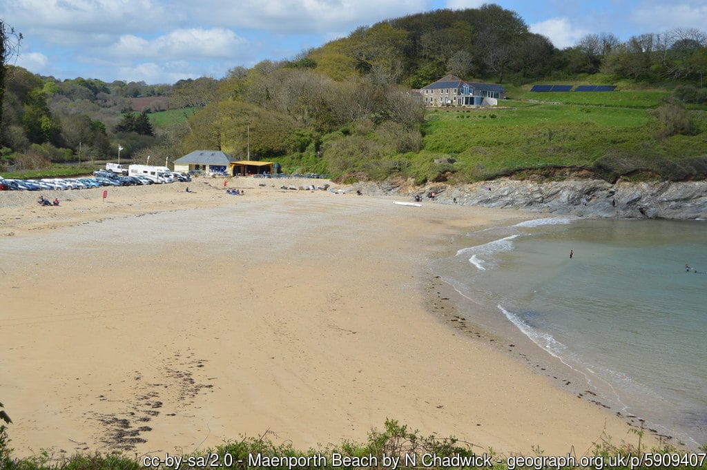 Maenporth Beach, registered as common except for the land above high-watermark. Copyright: N Chadwick under Creative Commons licence.