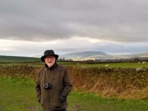 Tony on Trawden recreation ground with Pendle Hill behind, Christmas day family meet-up outdoors, 2020