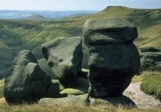 Gritstone formations overlooking Kinder Scout, Derbshire in the Peak District