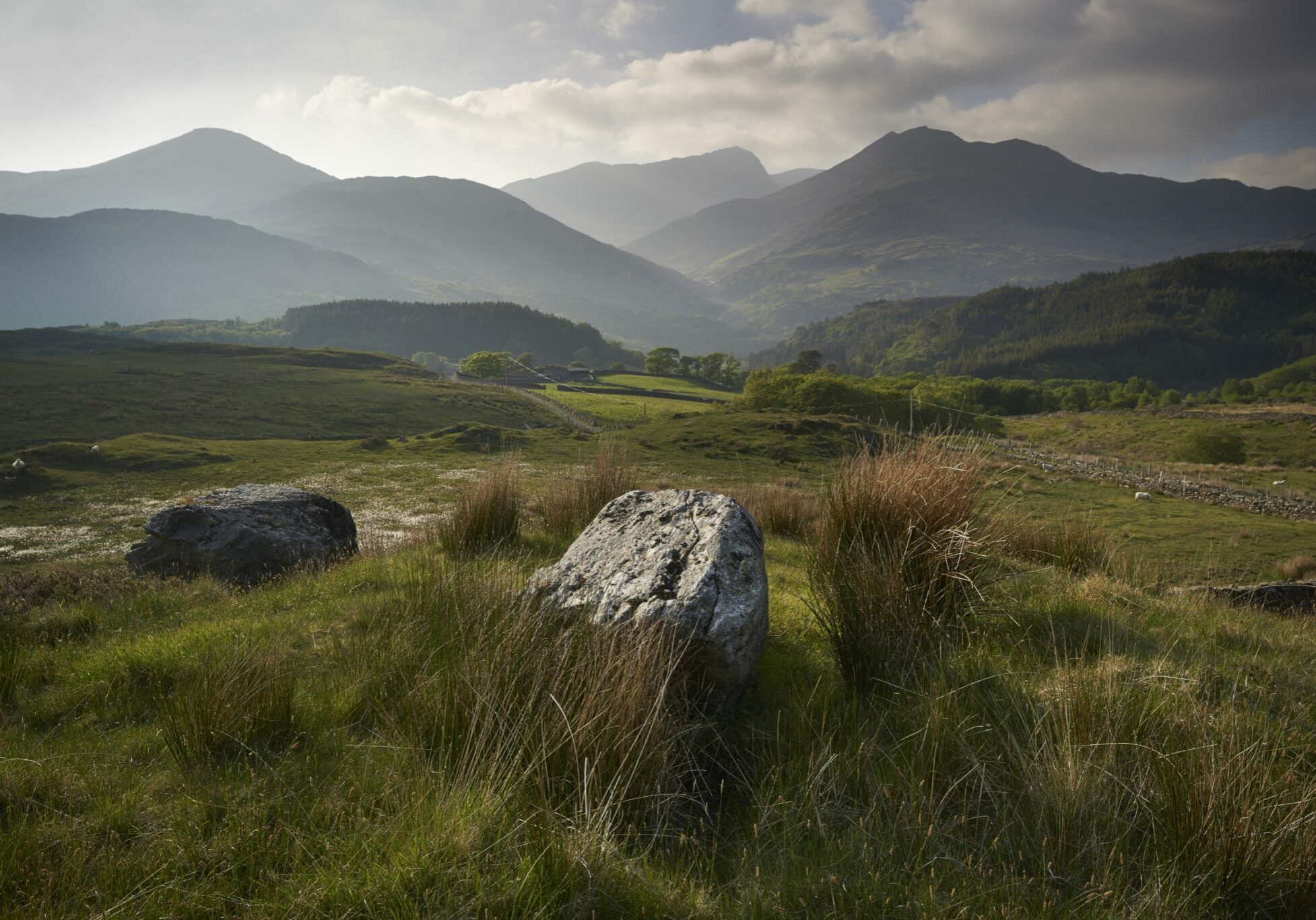 The Snowdonia peaks from the south with the National Trust's Hafod y Llan estate in the distance